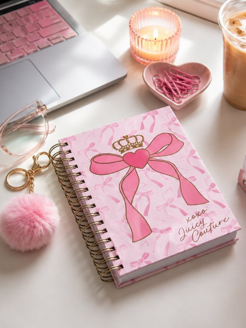 Juicy Couture XOXO Bow Blush Spiral Notebook Journal with PomPom Keychain